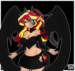 Size: 4000x3800 | Tagged: safe, artist:caoscore, sunset shimmer, demon, human, g4, belly button, breasts, cleavage, clothes, costume, female, humanized, light skin, midriff, miniskirt, pleated skirt, skirt, smiling, smirk, solo, wings