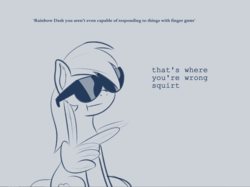 Size: 1124x842 | Tagged: safe, artist:cosmonaut, rainbow dash, pegasus, pony, g4, :t, dialogue, feather guns, female, finger gun, gray background, mare, monochrome, simple background, solo, sunglasses, wing hands
