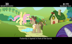 Size: 1280x800 | Tagged: safe, screencap, fluttershy, globe trotter, rarity, earth pony, pegasus, pony, cinemare sins, g4, putting your hoof down, animation error, butt, cottage, female, house, layering error, male, mare, plot, stallion, tourist