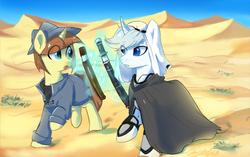 Size: 1186x744 | Tagged: safe, artist:oofycolorful, oc, oc only, pony, unicorn, cloak, clothes, desert, female, magic, mare, sword, weapon