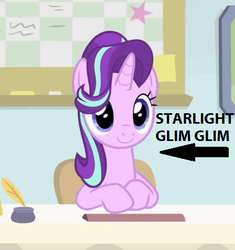 Size: 449x477 | Tagged: safe, edit, edited screencap, screencap, starlight glimmer, pony, g4, interseason shorts, starlight the hypnotist, arrow, captain obvious, caption arrow, female, hair flip, hair over one eye, nickname, no shit sherlock, solo