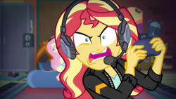 Size: 1920x1080 | Tagged: safe, screencap, fluttershy, sunset shimmer, equestria girls, g4, game stream, my little pony equestria girls: better together, angry, clothes, female, frustrated, funny face, gamer sunset, gaming, headphones, headset, psycho gamer sunset, rageset shimmer, shrunken pupils, tell me what you need