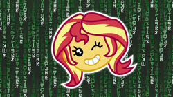 Size: 1920x1080 | Tagged: safe, screencap, sunset shimmer, equestria girls, g4, game stream, my little pony equestria girls: better together, emoji, shimmercode, the matrix, written equestrian