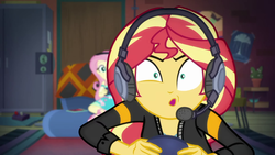 Size: 1920x1080 | Tagged: safe, screencap, fluttershy, sunset shimmer, equestria girls, g4, game stream, my little pony equestria girls: better together, female, gamer sunset, headphones, headset, psycho gamer sunset, tell me what you need