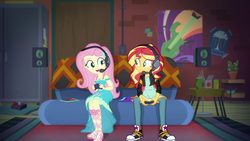 Size: 1920x1080 | Tagged: safe, screencap, fluttershy, sunset shimmer, equestria girls, g4, game stream, my little pony equestria girls: better together, clothes, converse, feet, female, fluttershy boho dress, gamer sunset, gamershy, headphones, headset, jeans, pants, sandals, shoes, sneakers, sunset's apartment