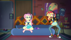 Size: 1920x1080 | Tagged: safe, screencap, fluttershy, sunset shimmer, equestria girls, equestria girls series, g4, game stream, spoiler:eqg series (season 2), clothes, converse, feet, female, gamer sunset, gamershy, headphones, headset, jeans, pants, psycho gamer sunset, sandals, shoes, sneakers, sunset's apartment