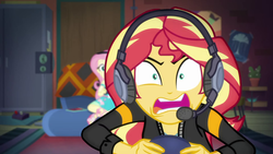 Size: 1920x1080 | Tagged: safe, screencap, fluttershy, sunset shimmer, equestria girls, g4, game stream, my little pony equestria girls: better together, female, gamer sunset, headphones, headset, psycho gamer sunset, shrunken pupils, tell me what you need