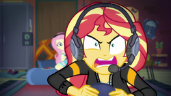 Size: 1920x1080 | Tagged: safe, screencap, fluttershy, sunset shimmer, equestria girls, g4, game stream, my little pony equestria girls: better together, female, gamer sunset, headphones, headset, psycho gamer sunset, rage, rageset shimmer, shrunken pupils, tell me what you need