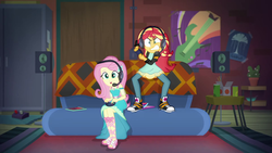 Size: 1920x1080 | Tagged: safe, screencap, fluttershy, sunset shimmer, equestria girls, g4, game stream, my little pony equestria girls: better together, converse, female, fluttershy boho dress, gamer sunset, gamershy, headphones, headset, psycho gamer sunset, shoes, sneakers, sunset's apartment