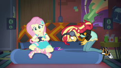 Size: 1920x1080 | Tagged: safe, screencap, fluttershy, sunset shimmer, equestria girls, g4, game stream, my little pony equestria girls: better together, converse, female, gamer sunset, gamershy, headphones, headset, psycho gamer sunset, shoes, sneakers, sunset's apartment