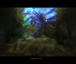 Size: 4000x3400 | Tagged: safe, artist:plotcore, princess luna, alicorn, human, pony, g4, bed, cutie mark, female, flying, glowing horn, horn, letterboxing, magic, mare, sheet, spread wings, subtitles, wings