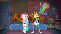 Size: 800x450 | Tagged: safe, screencap, fluttershy, sunset shimmer, squirrel, equestria girls, equestria girls series, g4, game stream, spoiler:eqg series (season 2), animated, converse, emoji, female, geode of fauna, headphones, headset, magical geodes, psycho gamer sunset, rage, shoes, sneakers, tell me what you need