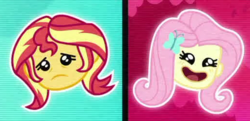 Size: 516x250 | Tagged: safe, screencap, fluttershy, sunset shimmer, equestria girls, g4, game stream, my little pony equestria girls: better together, cropped, emoji, female