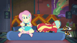 Size: 800x450 | Tagged: safe, screencap, fluttershy, sunset shimmer, equestria girls, equestria girls series, g4, game stream, spoiler:eqg series (season 2), animated, converse, face down ass up, female, geode of fauna, headphones, headset, magical geodes, psycho gamer sunset, rage, shoes, sneakers