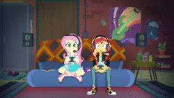 Size: 1920x1080 | Tagged: safe, screencap, fluttershy, sunset shimmer, equestria girls, g4, game stream, my little pony equestria girls: better together, animated, converse, feet, female, headphones, headset, sandals, shoes, sneakers, sound, toes, webm