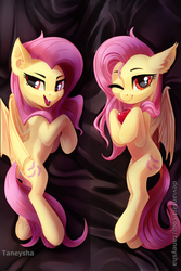 Size: 5394x8091 | Tagged: dead source, safe, artist:taneysha, fluttershy, bat pony, pony, g4, absurd resolution, apple, bat ponified, body pillow, body pillow design, butt, cute, female, flutterbat, food, fruit, looking at you, mare, one eye closed, open mouth, plot, race swap, self ponidox, shyabates, shyabetes, solo, wink