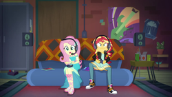 Size: 1920x1080 | Tagged: safe, screencap, fluttershy, sunset shimmer, equestria girls, equestria girls series, g4, game stream, spoiler:eqg series (season 2), converse, female, fluttershy boho dress, headphones, headset, microphone, psycho gamer sunset, shoes, sneakers
