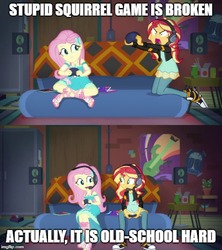 Size: 500x562 | Tagged: safe, screencap, fluttershy, sunset shimmer, equestria girls, g4, game stream, my little pony equestria girls: better together, caption, female, gamer sunset, gamershy, gaming, headphones, headset, image macro, imgflip, psycho gamer sunset, text
