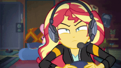 Size: 800x450 | Tagged: safe, screencap, fluttershy, sunset shimmer, equestria girls, g4, game stream, my little pony equestria girls: better together, animated, female, headphones, headset, psycho gamer sunset, rage, rageset shimmer, sunset shimmer frustrated at game, tell me what you need, that pony sure have anger issues