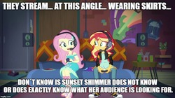 Size: 888x499 | Tagged: safe, edit, edited screencap, screencap, fluttershy, equestria girls, g4, game stream, my little pony equestria girls: better together, caption, female, gamer sunset, gamershy, headphones, headset, image macro, imgflip, implied upskirt, text