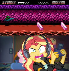 Size: 1920x1995 | Tagged: safe, edit, screencap, fluttershy, sunset shimmer, equestria girls, equestria girls series, g4, game stream, spoiler:eqg series (season 2), battletoads, controller, frustrated, game, gamer sunset, headphones, meme, psycho gamer sunset, sunset shimmer frustrated at game, tell me what you need, that one level