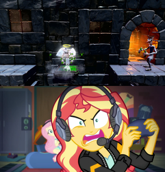 Size: 1920x1995 | Tagged: safe, edit, screencap, fluttershy, sunset shimmer, equestria girls, g4, game stream, my little pony equestria girls: better together, comparison, controller, crash bandicoot, crash bandicoot (series), crash bandicoot n. sane trilogy, death, frustrated, game, gamer sunset, headphones, meme, psycho gamer sunset, stormy ascent, sunset shimmer frustrated at game, tell me what you need