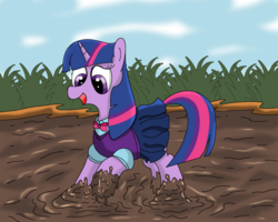 Size: 2000x1600 | Tagged: safe, artist:amateur-draw, twilight sparkle, pony, g4, bowtie, clothes, female, mare, mud, muddy, muddy hooves, pleated skirt, school uniform, skirt, solo, student, sweater vest, wet and messy