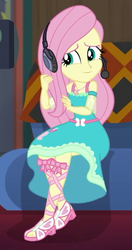 Size: 411x778 | Tagged: safe, screencap, fluttershy, equestria girls, g4, game stream, my little pony equestria girls: better together, cropped, cute, female, fluttershy boho dress, gamershy, geode of fauna, headphones, headset, magical geodes, shyabetes, solo