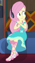 Size: 442x781 | Tagged: safe, screencap, fluttershy, equestria girls, g4, game stream, my little pony equestria girls: better together, cropped, female, fluttershy boho dress, gamershy, headphones, headset, solo