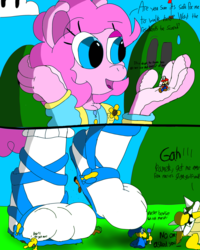 Size: 2000x2500 | Tagged: safe, artist:aswann12, pinkie pie, earth pony, anthro, g4, bowser, crossover, crossover shipping, crush fetish, feet, fetish, foot fetish, foot focus, high res, macro, male, mario, mario bros., mariopie, mushroom kingdom, sandals, shipping, stomping