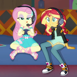 Size: 731x730 | Tagged: safe, screencap, fluttershy, sunset shimmer, equestria girls, equestria girls series, g4, game stream, spoiler:eqg series (season 2), converse, cropped, female, gamer sunset, gamershy, headphones, headset, shoes, sneakers, tongue out