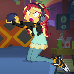 Size: 831x830 | Tagged: safe, screencap, sunset shimmer, equestria girls, equestria girls series, g4, game stream, spoiler:eqg series (season 2), angry horse noises, clothes, converse, cropped, female, gamer sunset, headphones, headset, pantyhose, rageset shimmer, shoes, shrunken pupils, sneakers, solo