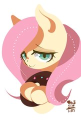 Size: 700x1082 | Tagged: safe, artist:tohupo, fluttershy, pony, g4, bust, cute, donut, female, food, hoof hold, looking at you, mare, shyabetes, simple background, smiling, solo, three quarter view, white background