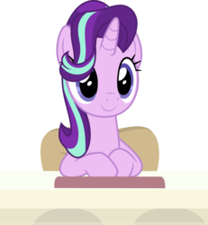 Size: 5000x5406 | Tagged: safe, artist:luckreza8, starlight glimmer, pony, unicorn, g4, starlight the hypnotist, spoiler:interseason shorts, .svg available, absurd resolution, desk, female, hair flip, hair over one eye, happy, looking at you, mare, simple background, sitting, smiling, transparent background, vector