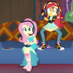 Size: 898x898 | Tagged: safe, screencap, fluttershy, sunset shimmer, equestria girls, g4, game stream, my little pony equestria girls: better together, converse, cropped, female, fluttershy boho dress, gamer sunset, gamershy, headphones, headset, shoes, sneakers