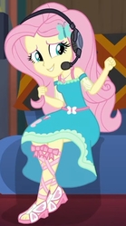 Size: 411x737 | Tagged: safe, screencap, fluttershy, equestria girls, g4, game stream, my little pony equestria girls: better together, clothes, cropped, cute, dress, feet, female, fluttershy boho dress, gamershy, headphones, headset, sandals, shyabetes