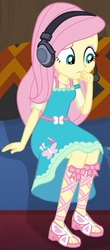 Size: 336x761 | Tagged: safe, screencap, fluttershy, equestria girls, g4, game stream, my little pony equestria girls: better together, cropped, cute, eyeliner, feet, female, fluttershy boho dress, gamershy, geode of fauna, headphones, magical geodes, makeup, sandals, shyabetes