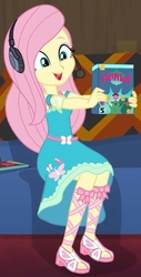 Size: 408x806 | Tagged: safe, screencap, fluttershy, equestria girls, g4, game stream, my little pony equestria girls: better together, cropped, cute, feet, female, fluttershy boho dress, gamershy, headphones, photo, sandals, shyabetes, solo, squirrel game, video game