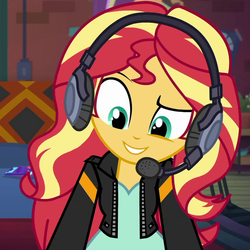 Size: 966x966 | Tagged: safe, screencap, sunset shimmer, equestria girls, g4, game stream, my little pony equestria girls: better together, cropped, gamer sunset, headphones, headset