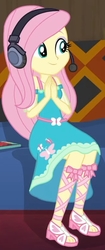 Size: 325x775 | Tagged: safe, screencap, fluttershy, equestria girls, g4, game stream, my little pony equestria girls: better together, cropped, cute, feet, female, fluttershy boho dress, gamershy, headphones, sandals