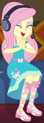 Size: 279x784 | Tagged: safe, screencap, fluttershy, equestria girls, g4, game stream, my little pony equestria girls: better together, clothes, cropped, cute, dress, excited, eyes closed, eyeshadow, feet, female, fluttershy boho dress, gamershy, geode of fauna, headphones, magical geodes, makeup, open mouth, sandals, shyabetes, smiling, talking