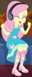 Size: 321x765 | Tagged: safe, screencap, fluttershy, equestria girls, g4, game stream, my little pony equestria girls: better together, cropped, cute, eyes closed, feet, female, fluttershy boho dress, gamershy, geode of fauna, happy, headphones, magical geodes, sandals, shyabetes