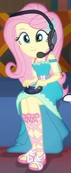 Size: 278x677 | Tagged: safe, screencap, fluttershy, equestria girls, g4, game stream, my little pony equestria girls: better together, clothes, cropped, cute, dress, dress interior, feet, female, fluttershy boho dress, gamershy, headphones, playing video games, sandals, shyabetes, video game