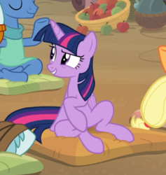 Size: 617x651 | Tagged: safe, screencap, twilight sparkle, alicorn, pony, a rockhoof and a hard place, g4, apple, cropped, female, food, offscreen character, pillow, sitting, smiling, solo focus, twilight sparkle (alicorn)