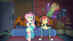 Size: 1920x1080 | Tagged: safe, screencap, fluttershy, sunset shimmer, equestria girls, g4, game stream, my little pony equestria girls: better together, converse, female, fluttershy boho dress, gamer sunset, gamershy, headphones, shoes, sneakers