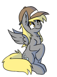 Size: 1680x2259 | Tagged: safe, artist:exvius, derpy hooves, pegasus, pony, g4, female, hat, looking up, mare, shading, simple background, sitting, smiling, solo, transparent background