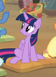 Size: 504x692 | Tagged: safe, screencap, twilight sparkle, alicorn, pony, a rockhoof and a hard place, g4, apple, cropped, female, food, pillow, sitting, smiling, solo focus, twilight sparkle (alicorn)