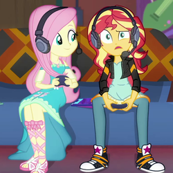 Size: 772x773 | Tagged: safe, screencap, fluttershy, sunset shimmer, equestria girls, g4, game stream, my little pony equestria girls: better together, converse, cropped, female, fluttershy boho dress, gamer sunset, gamershy, headphones, shoes