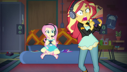 Size: 1920x1080 | Tagged: safe, screencap, fluttershy, sunset shimmer, equestria girls, g4, game stream, my little pony equestria girls: better together, female, gamer sunset, gamershy, headphones, rageset shimmer