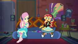 Size: 1920x1080 | Tagged: safe, screencap, fluttershy, sunset shimmer, equestria girls, g4, game stream, my little pony equestria girls: better together, converse, female, gamer sunset, gamershy, headphones, shoes, sneakers, sunset's apartment